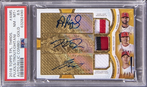 2018 Topps Triple Threads Autograph Relic Combo Gold #AMS Pujols/Trout/Ohtani Triple Signed Relic Card (#5/9) - PSA NM-MT+ 8.5